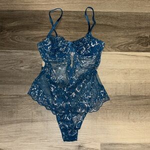 NWOT blue and silver lace lingerie one piece